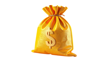 Rendered, gold-colored bag tied with a red string and a large dollar sign