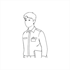 Confident young man in uniform ready for work, line art style illustration for professional, educational, or service industry designs and branding projects