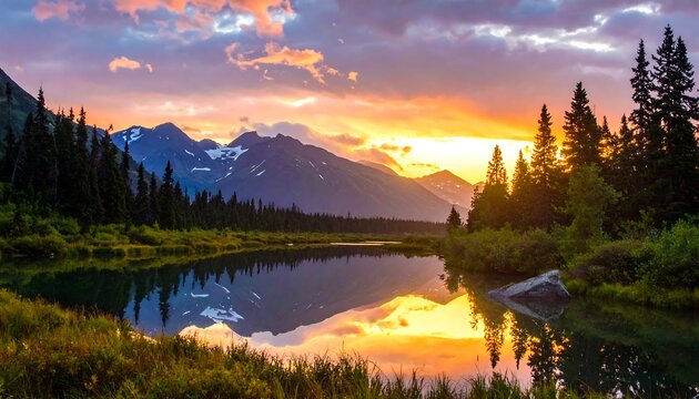 Majestic mountain sunset over a tranquil lake