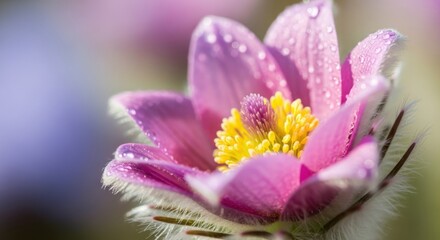 Obraz premium Detailed Close-Up Shot of a Blooming Pulsatilla with Water Droplets