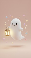 A little ghost holding a glowing lantern, smiling softly, pastel background with floating stars
