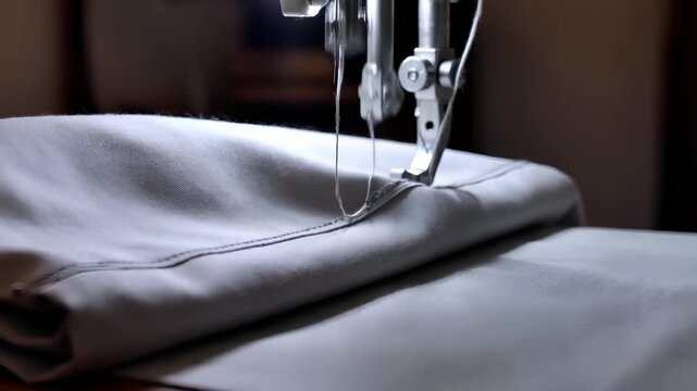 Cinematic macro shot of sewing machine stitching thread on fine quality fabric for creation custom haute couture apparel in traditional tailoring atelier. Concept of handmade, couturier and tradition.