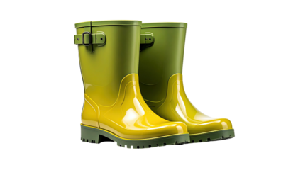 Two-toned, glossy rubber boots, yellow-green, with buckle detail, isolated on black