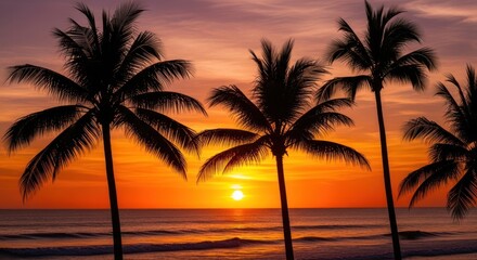 Sunset Palm Trees Beach Scenic View.