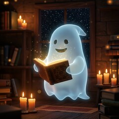 Friendly ghost reading a spellbook with glowing pages, surrounded by candles and stars
