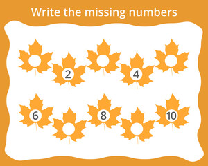 Write the missing numbers in maple leaves. Children's educational game. Score 1-10.