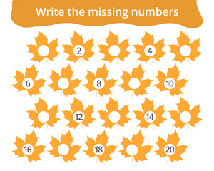 Missing number worksheet for kids with maple leaves, count and write numbers from 1 to 20, great for preschool math learning and early number practice.