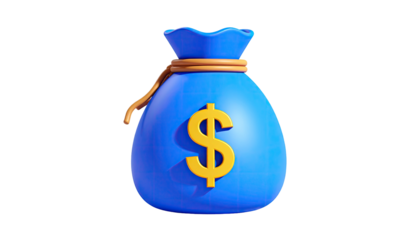 3D rendering of a blue, tied money bag with a golden dollar sign