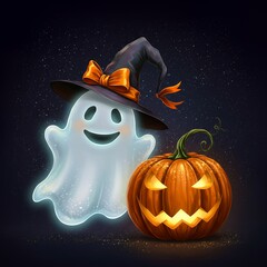Ghost wearing a witch hat with a ribbon bow, smiling next to a glittery pumpkin