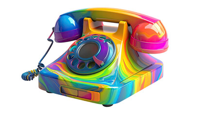 A rotary phone in vibrant rainbow swirl paint, isolated on a black background