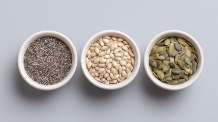 Aesthetic Display of Various Healthy Seeds in Bowls on Gray Background, Showcasing Nutritional Diversity for Culinary and Dietary Inspiration