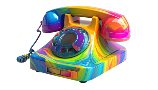 A rotary phone in vibrant rainbow swirl paint, isolated on a black background
