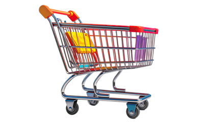 A bright, empty shopping cart sits against a black background, side profile visible