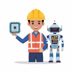 Flag Vector Engineer Holding Microchip with Robot for Tech Progress Illustration