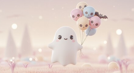 Soft, kawaii-style ghost holding balloons shaped like skulls and bats in pastel colors