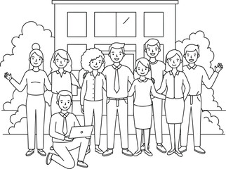 Diverse team of professionals stand together outside their modern workplace, creating a sense of unity and collaboration for business success