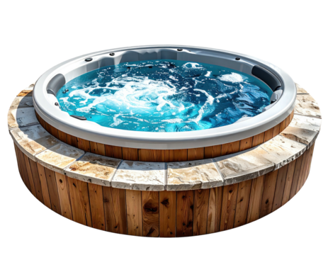 Round hot tub with light gray shell, turquoise water, and wooden base