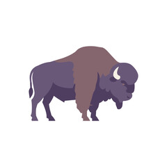 Flat vector illustration of a bison standing, side profile with bold shapes and earthy tones, isolated, symbol of wildlife and strength