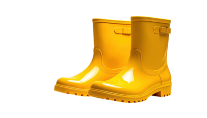 Gleaming pair of yellow rubber boots with buckles against a black background