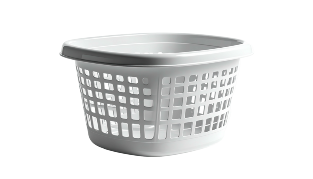 A clean, white, plastic laundry basket with a square top and lattice sides