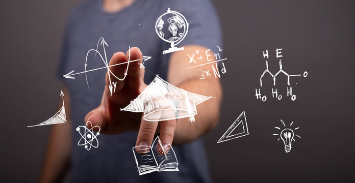 Hand interacts with a futuristic interface displaying diverse scientific and educational symbols like math equations, atoms, and a globe. Repres