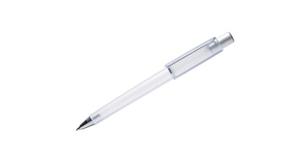 Clear plastic pen, silver accents, laying diagonally on black background