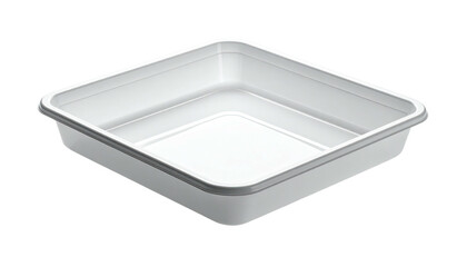 A square, white, empty plastic container with a raised rim against a dark background