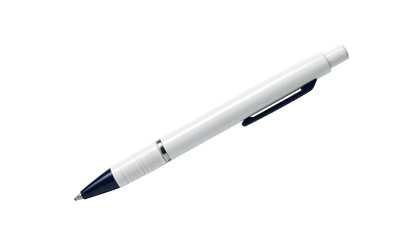 A sleek, white pen with dark blue accents, isolated against a solid black background
