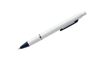 A sleek, white pen with dark blue accents, isolated against a solid black background