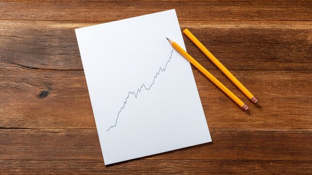 Line graph drawing on a blank sheet with two yellow pencils on a wooden table, illustrating growth trend suitable for financial presentations and reports
