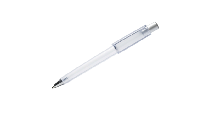 Clear plastic pen, silver accents, laying diagonally on black background