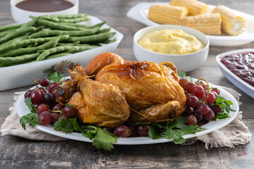 Thanksgiving dinner on rustic wooden table with turkey,mashed potatoes,ears of corn and green bean casserole