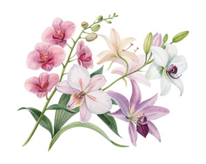 Obraz premium Watercolor Orchid and Lily Flower Set isolated on white background
