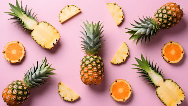 Pineapple slices and whole pineapples on a pink background. - Powered by Adobe