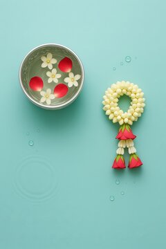 Songkran Jasmine Garland and Silver Bowl Flat Lay