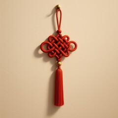 Red Chinese Knot Tassel on Beige Wall
