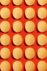 Perfect Grid of Round Potato Chips on Red