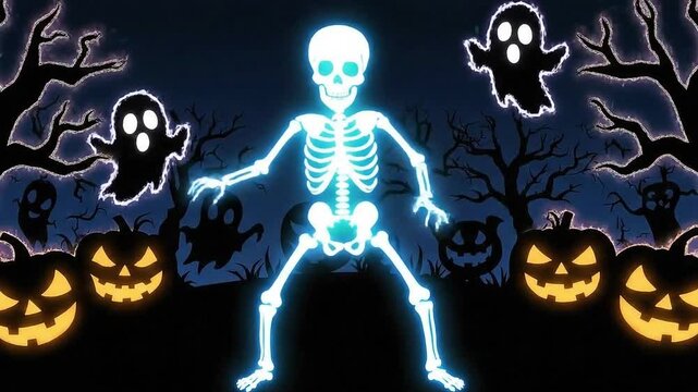 Seamless animation of glowing dancing skeleton. Funny halloween.