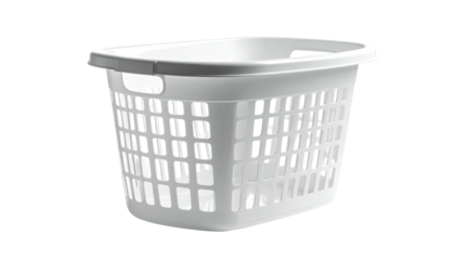 A white, plastic, rectangular laundry basket with handles and a textured exterior