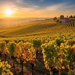 Vineyard at Sunrise - Golden Light Over Rolling Hills of Grapevines.