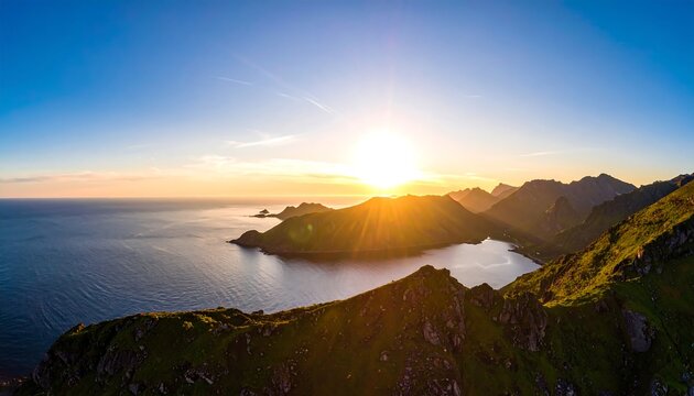 Panoramic sunset view of a fjord and mountains - Powered by Adobe