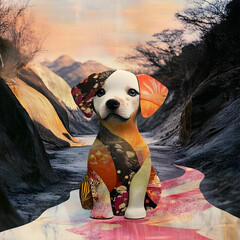 Surreal dog sitting in a dreamlike landscape with abstract elements