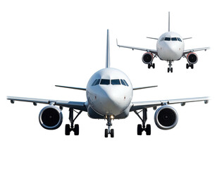 Two white passenger jets, front view, isolated on black