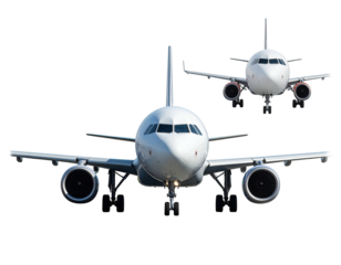 Two white passenger jets, front view, isolated on black