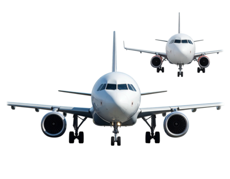 Two white passenger jets, front view, isolated on black