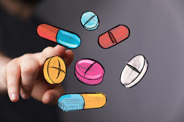 Hand interacting with floating medication,health, medicine, pharmacy concept.  Ideal for websites, blogs, and articles.
