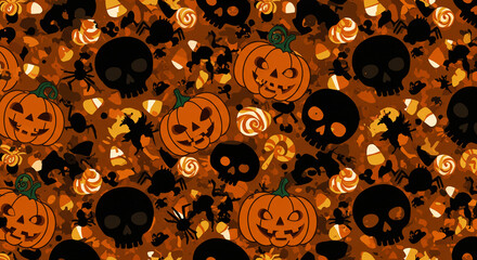 Seamless orange pattern with pumpkins, skulls, and spooky elements for Halloween design.