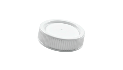 A white plastic bottle cap with ridges around the side, set against a black background