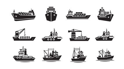 Set of cargo ship icons black and white vector illustration perfect for logistics and transportation design projects
