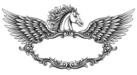Majestic winged horse emblem with ornate scrollwork, symbolizing freedom, power, and mythical elegance for branding and design.